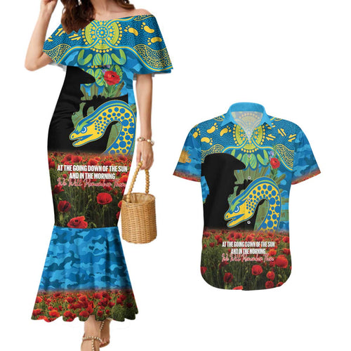 Personalised Parramatta Eels Rugby ANZAC Day Couples Matching Mermaid Dress and Hawaiian Shirt Last Post Poppy We Will Remember Them