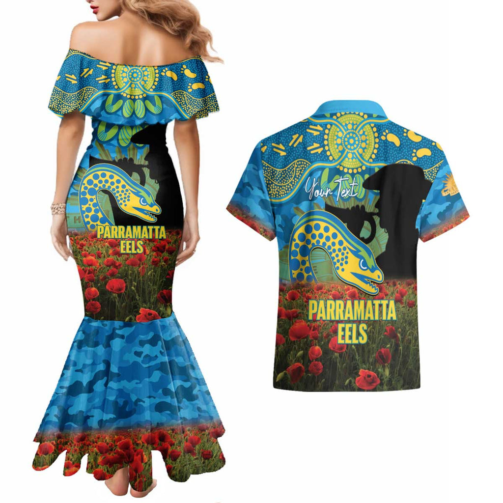 Personalised Parramatta Eels Rugby ANZAC Day Couples Matching Mermaid Dress and Hawaiian Shirt Last Post Poppy We Will Remember Them