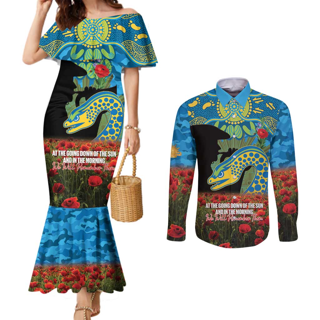 Personalised Parramatta Eels Rugby ANZAC Day Couples Matching Mermaid Dress and Long Sleeve Button Shirt Last Post Poppy We Will Remember Them