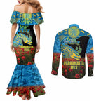 Personalised Parramatta Eels Rugby ANZAC Day Couples Matching Mermaid Dress and Long Sleeve Button Shirt Last Post Poppy We Will Remember Them