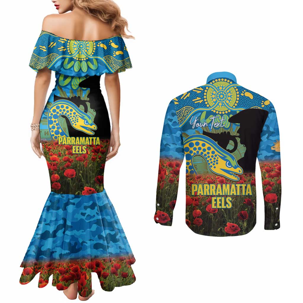 Personalised Parramatta Eels Rugby ANZAC Day Couples Matching Mermaid Dress and Long Sleeve Button Shirt Last Post Poppy We Will Remember Them