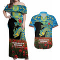 Personalised Parramatta Eels Rugby ANZAC Day Couples Matching Off Shoulder Maxi Dress and Hawaiian Shirt Last Post Poppy We Will Remember Them