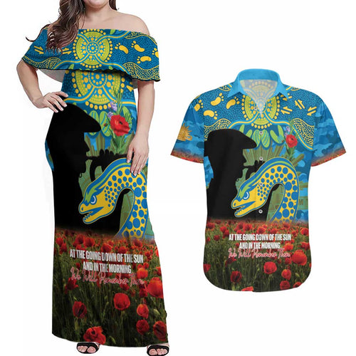 Personalised Parramatta Eels Rugby ANZAC Day Couples Matching Off Shoulder Maxi Dress and Hawaiian Shirt Last Post Poppy We Will Remember Them