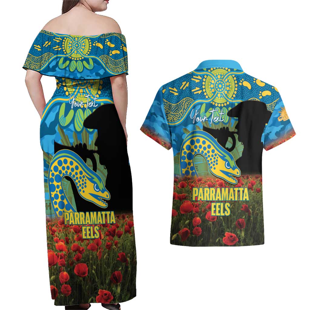Personalised Parramatta Eels Rugby ANZAC Day Couples Matching Off Shoulder Maxi Dress and Hawaiian Shirt Last Post Poppy We Will Remember Them
