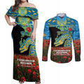 Personalised Parramatta Eels Rugby ANZAC Day Couples Matching Off Shoulder Maxi Dress and Long Sleeve Button Shirt Last Post Poppy We Will Remember Them