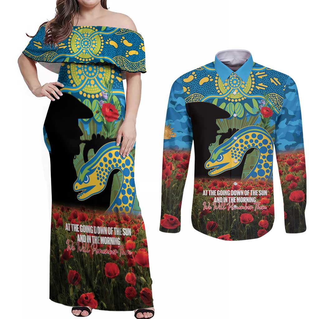 Personalised Parramatta Eels Rugby ANZAC Day Couples Matching Off Shoulder Maxi Dress and Long Sleeve Button Shirt Last Post Poppy We Will Remember Them