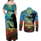 Personalised Parramatta Eels Rugby ANZAC Day Couples Matching Off Shoulder Maxi Dress and Long Sleeve Button Shirt Last Post Poppy We Will Remember Them