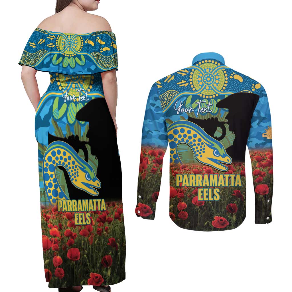 Personalised Parramatta Eels Rugby ANZAC Day Couples Matching Off Shoulder Maxi Dress and Long Sleeve Button Shirt Last Post Poppy We Will Remember Them