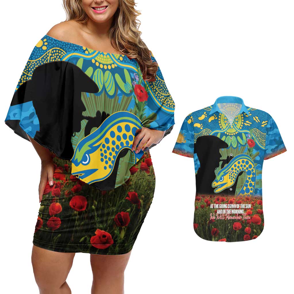 Personalised Parramatta Eels Rugby ANZAC Day Couples Matching Off Shoulder Short Dress and Hawaiian Shirt Last Post Poppy We Will Remember Them