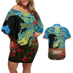 Personalised Parramatta Eels Rugby ANZAC Day Couples Matching Off Shoulder Short Dress and Hawaiian Shirt Last Post Poppy We Will Remember Them