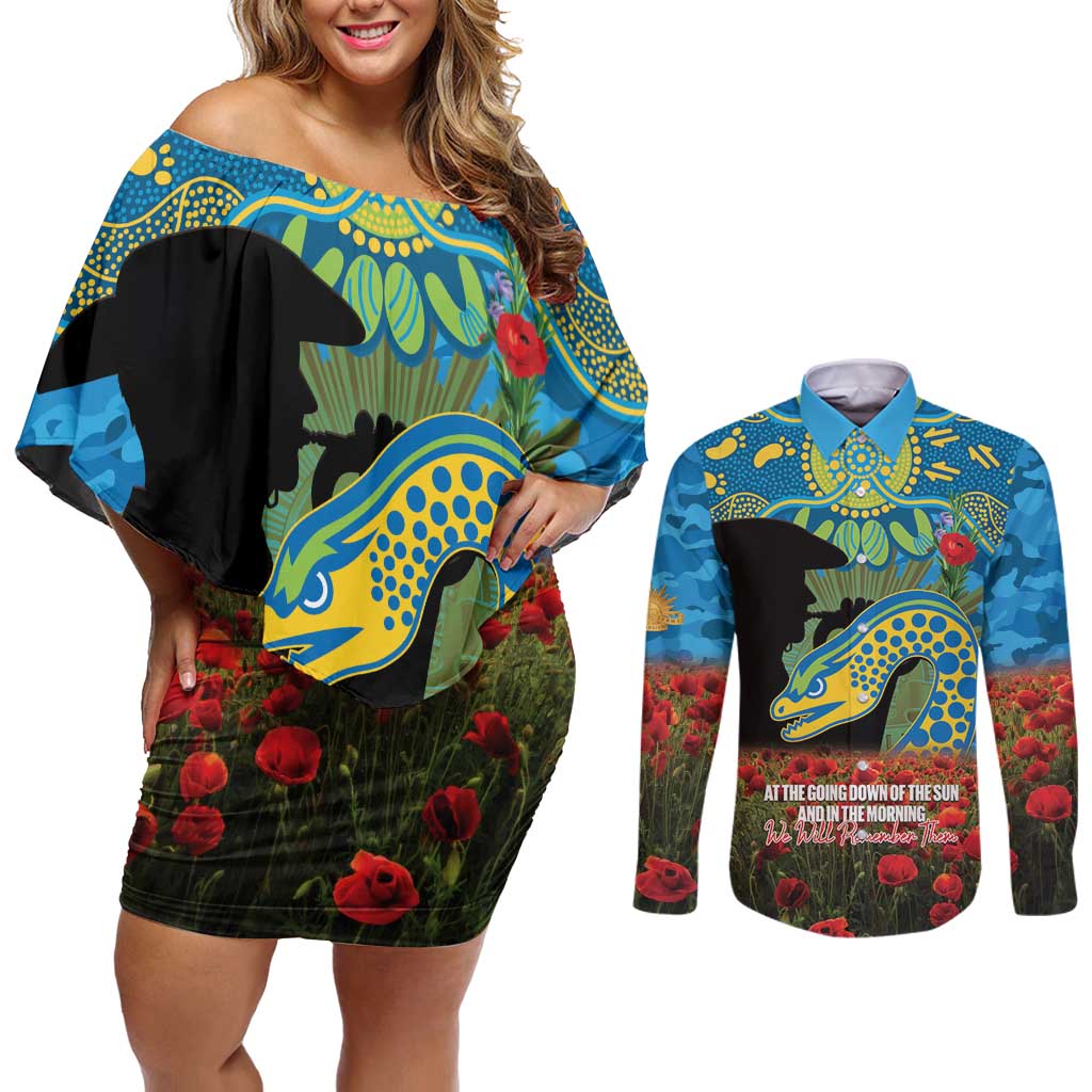 Personalised Parramatta Eels Rugby ANZAC Day Couples Matching Off Shoulder Short Dress and Long Sleeve Button Shirt Last Post Poppy We Will Remember Them