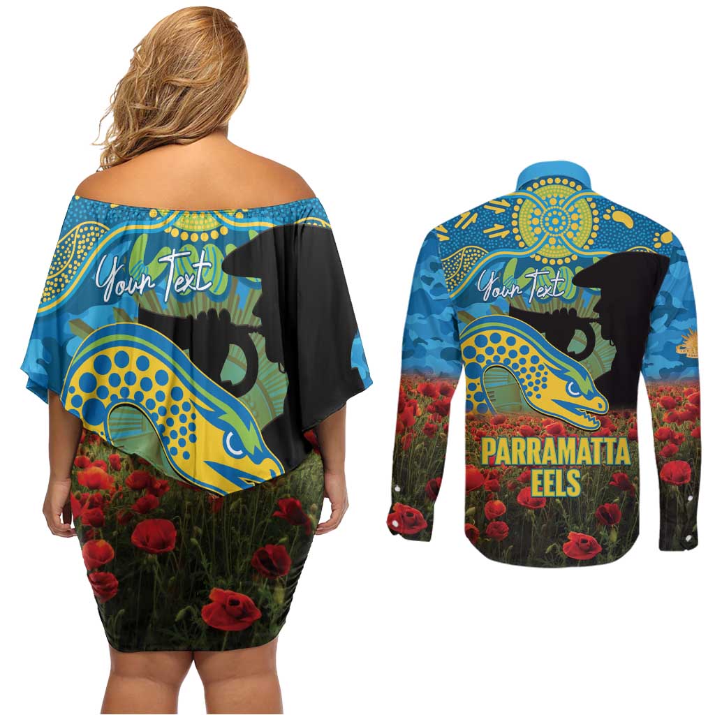 Personalised Parramatta Eels Rugby ANZAC Day Couples Matching Off Shoulder Short Dress and Long Sleeve Button Shirt Last Post Poppy We Will Remember Them