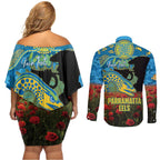 Personalised Parramatta Eels Rugby ANZAC Day Couples Matching Off Shoulder Short Dress and Long Sleeve Button Shirt Last Post Poppy We Will Remember Them