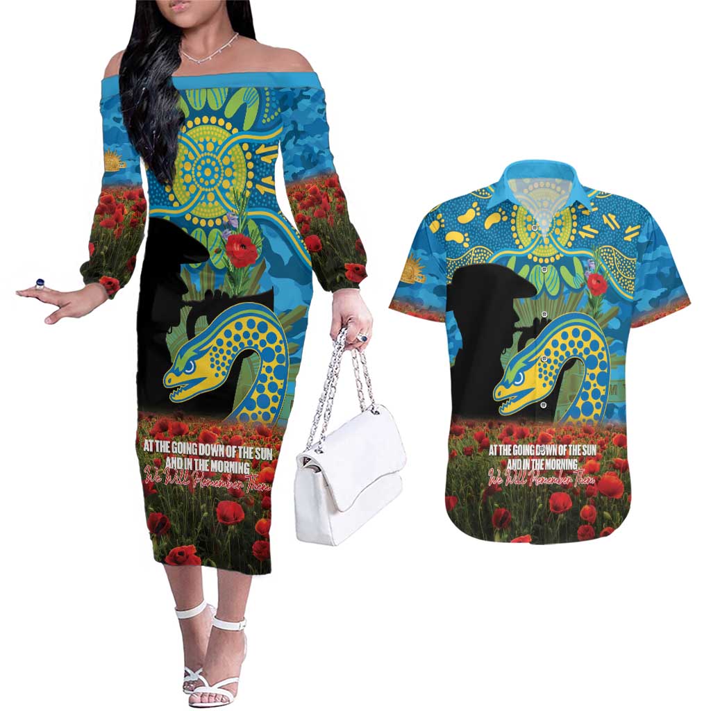 Personalised Parramatta Eels Rugby ANZAC Day Couples Matching Off The Shoulder Long Sleeve Dress and Hawaiian Shirt Last Post Poppy We Will Remember Them