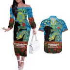 Personalised Parramatta Eels Rugby ANZAC Day Couples Matching Off The Shoulder Long Sleeve Dress and Hawaiian Shirt Last Post Poppy We Will Remember Them