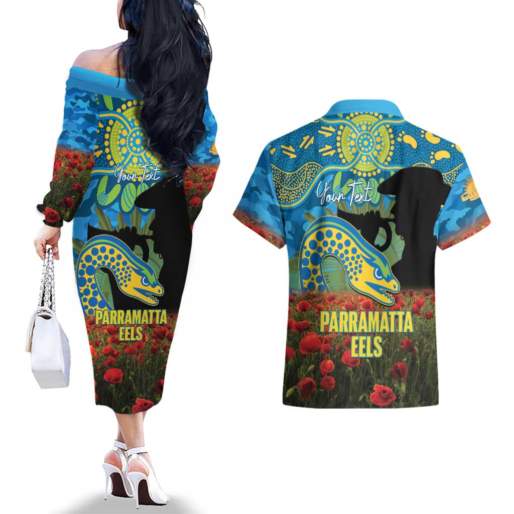 Personalised Parramatta Eels Rugby ANZAC Day Couples Matching Off The Shoulder Long Sleeve Dress and Hawaiian Shirt Last Post Poppy We Will Remember Them