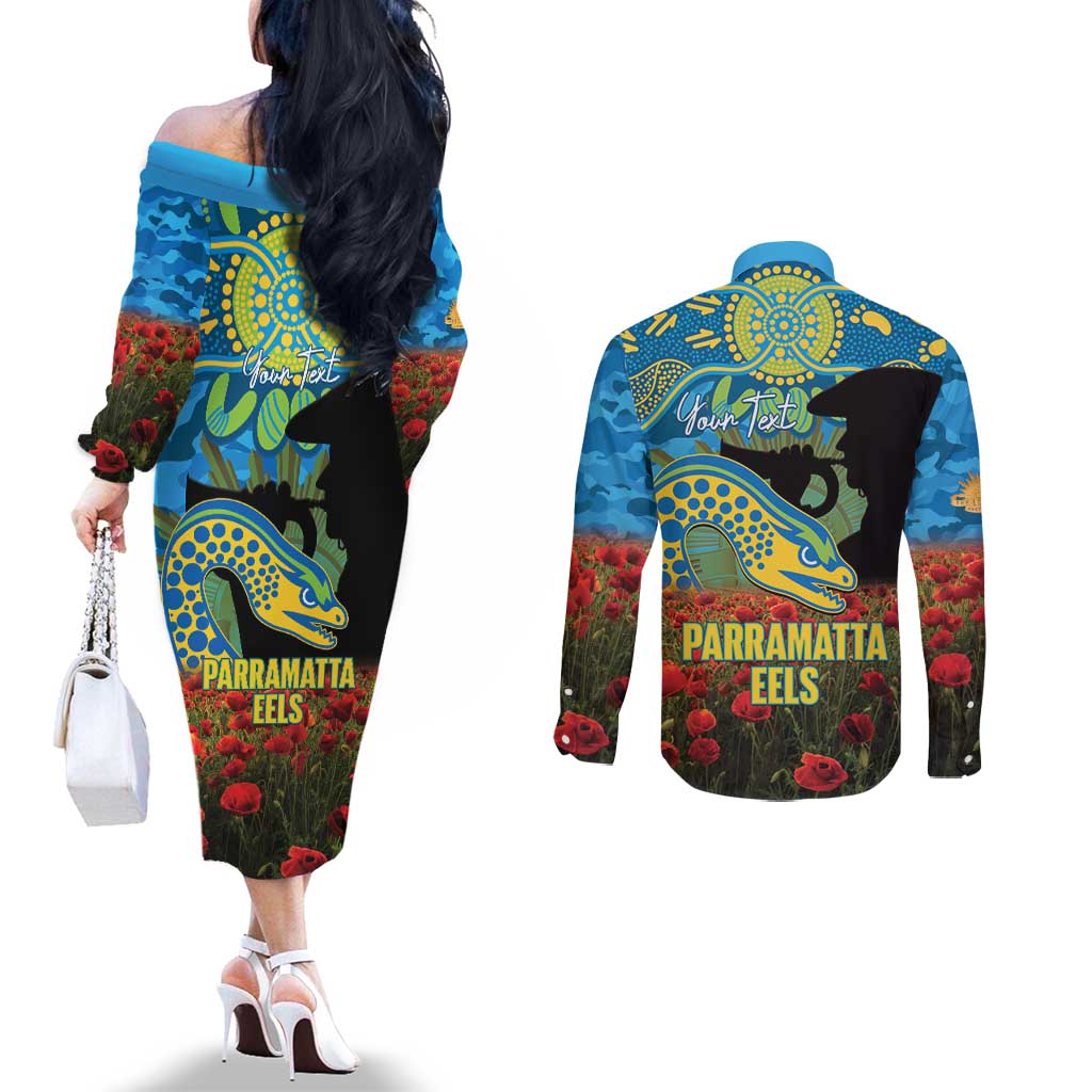 Personalised Parramatta Eels Rugby ANZAC Day Couples Matching Off The Shoulder Long Sleeve Dress and Long Sleeve Button Shirt Last Post Poppy We Will Remember Them