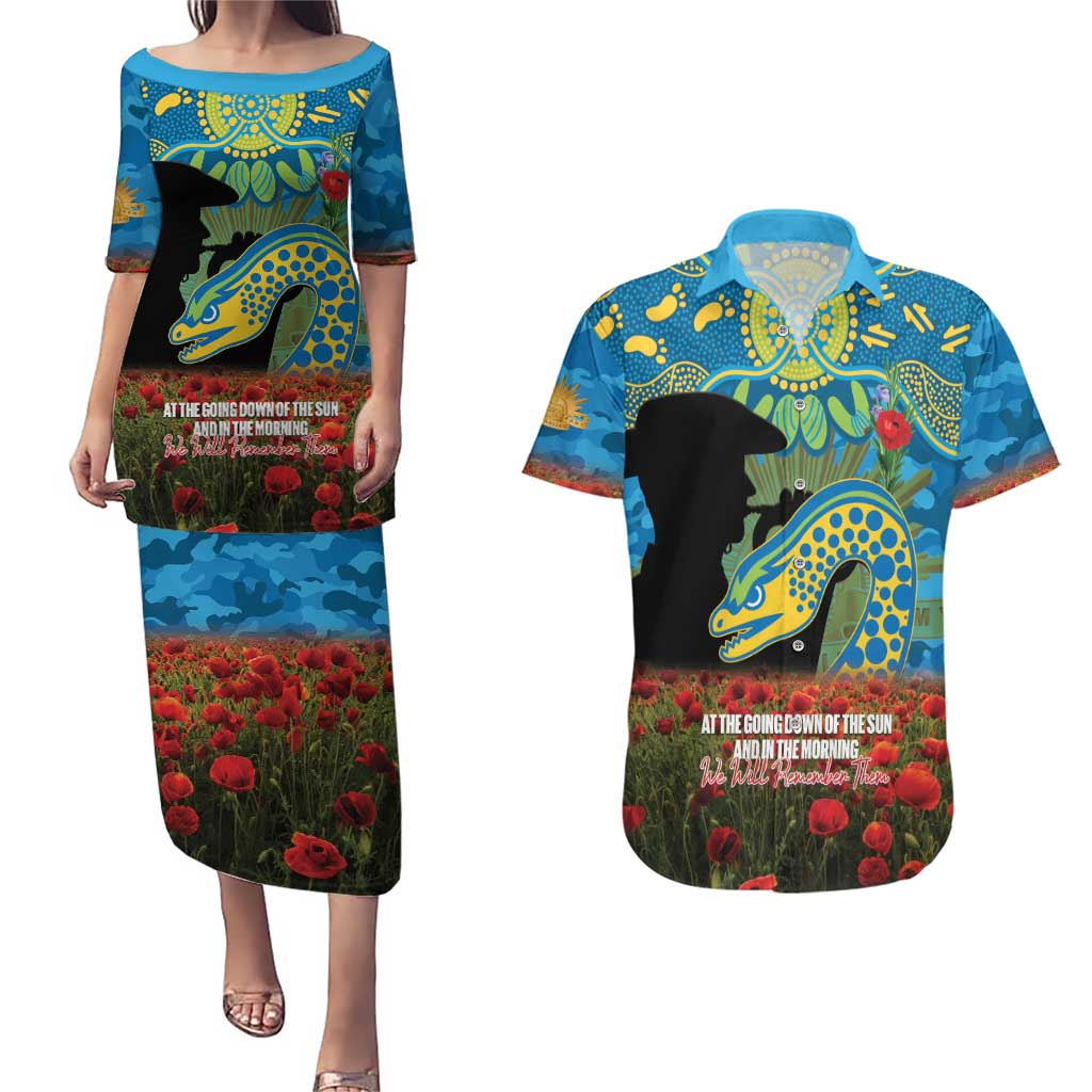 Personalised Parramatta Eels Rugby ANZAC Day Couples Matching Puletasi and Hawaiian Shirt Last Post Poppy We Will Remember Them