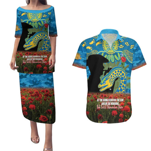 Personalised Parramatta Eels Rugby ANZAC Day Couples Matching Puletasi and Hawaiian Shirt Last Post Poppy We Will Remember Them