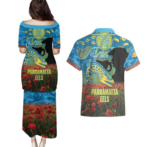 Personalised Parramatta Eels Rugby ANZAC Day Couples Matching Puletasi and Hawaiian Shirt Last Post Poppy We Will Remember Them