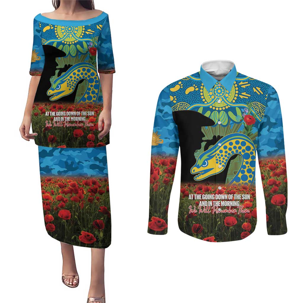 Personalised Parramatta Eels Rugby ANZAC Day Couples Matching Puletasi and Long Sleeve Button Shirt Last Post Poppy We Will Remember Them
