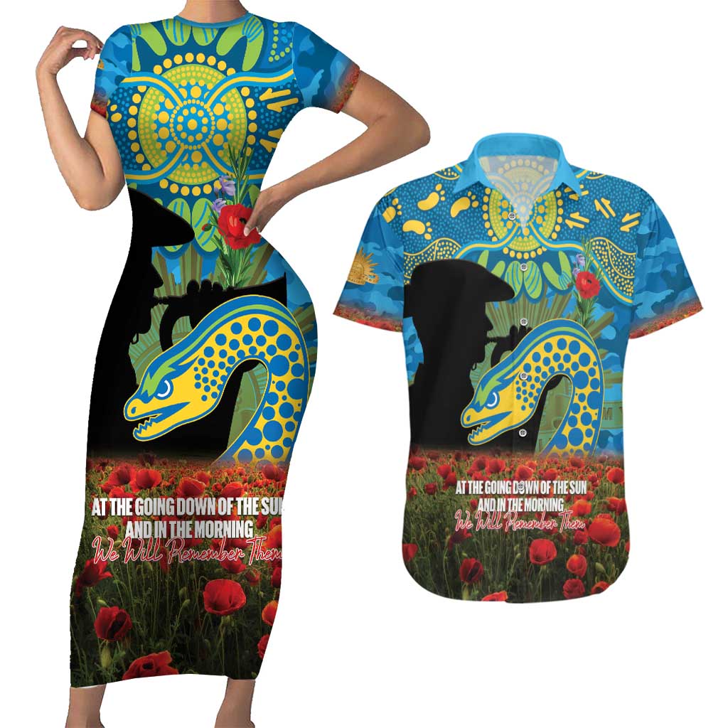 Personalised Parramatta Eels Rugby ANZAC Day Couples Matching Short Sleeve Bodycon Dress and Hawaiian Shirt Last Post Poppy We Will Remember Them