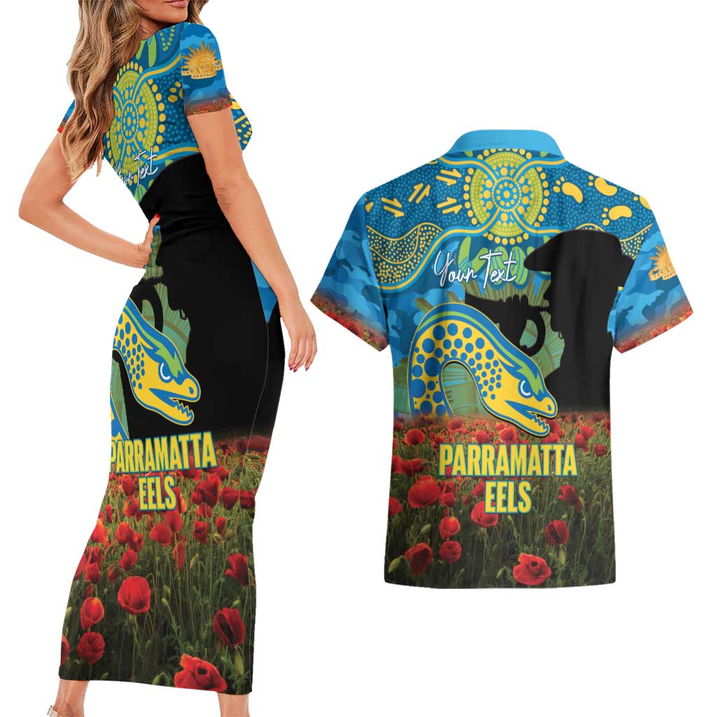 Personalised Parramatta Eels Rugby ANZAC Day Couples Matching Short Sleeve Bodycon Dress and Hawaiian Shirt Last Post Poppy We Will Remember Them