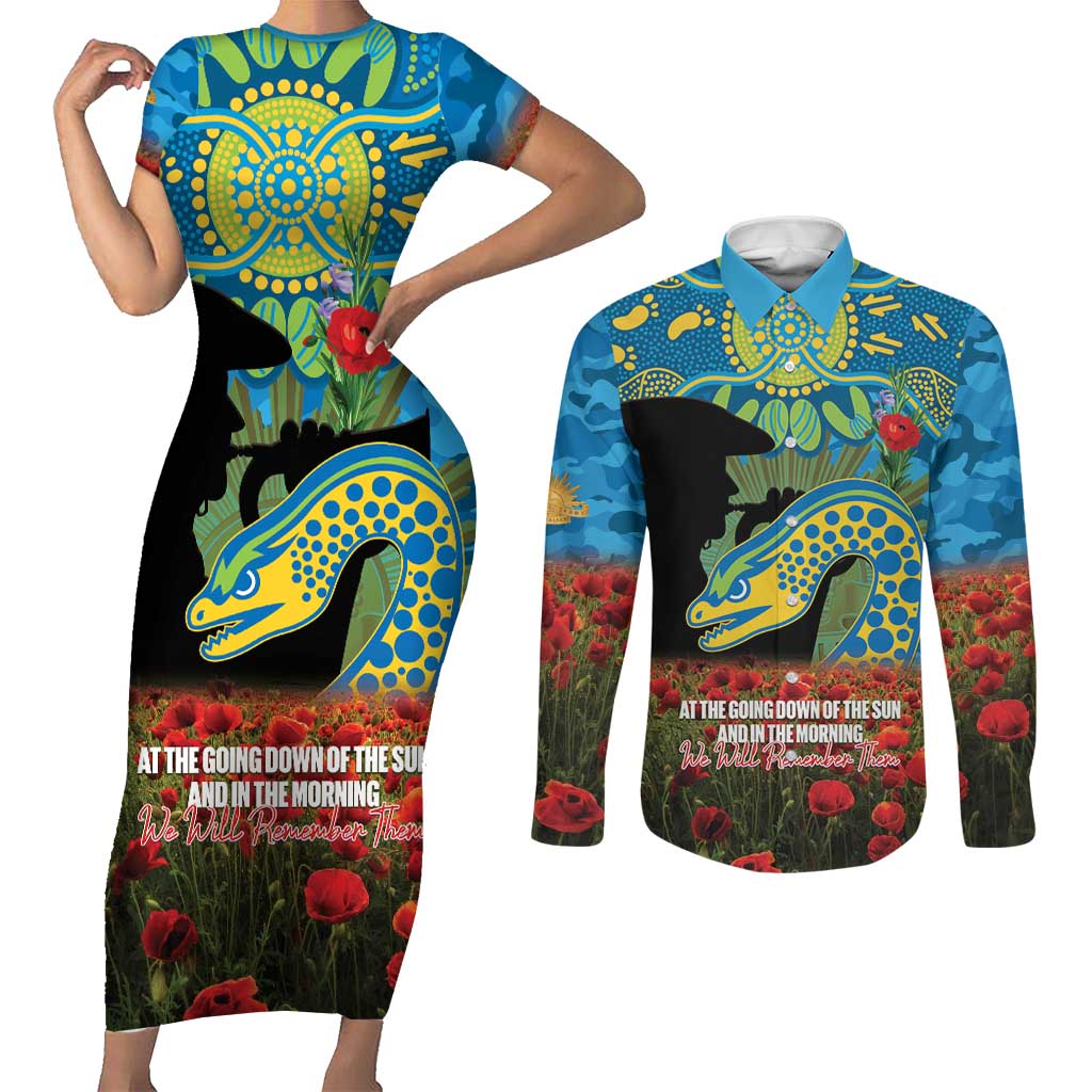 Personalised Parramatta Eels Rugby ANZAC Day Couples Matching Short Sleeve Bodycon Dress and Long Sleeve Button Shirt Last Post Poppy We Will Remember Them