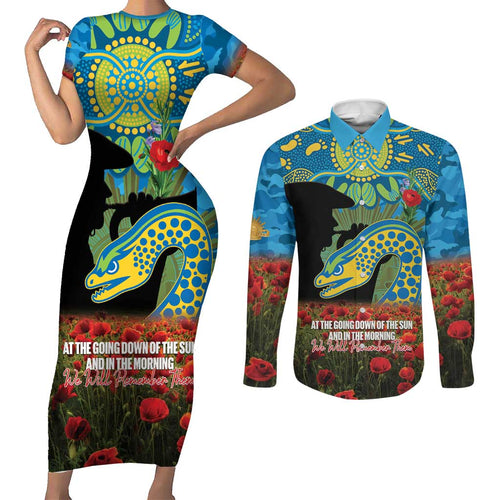 Personalised Parramatta Eels Rugby ANZAC Day Couples Matching Short Sleeve Bodycon Dress and Long Sleeve Button Shirt Last Post Poppy We Will Remember Them