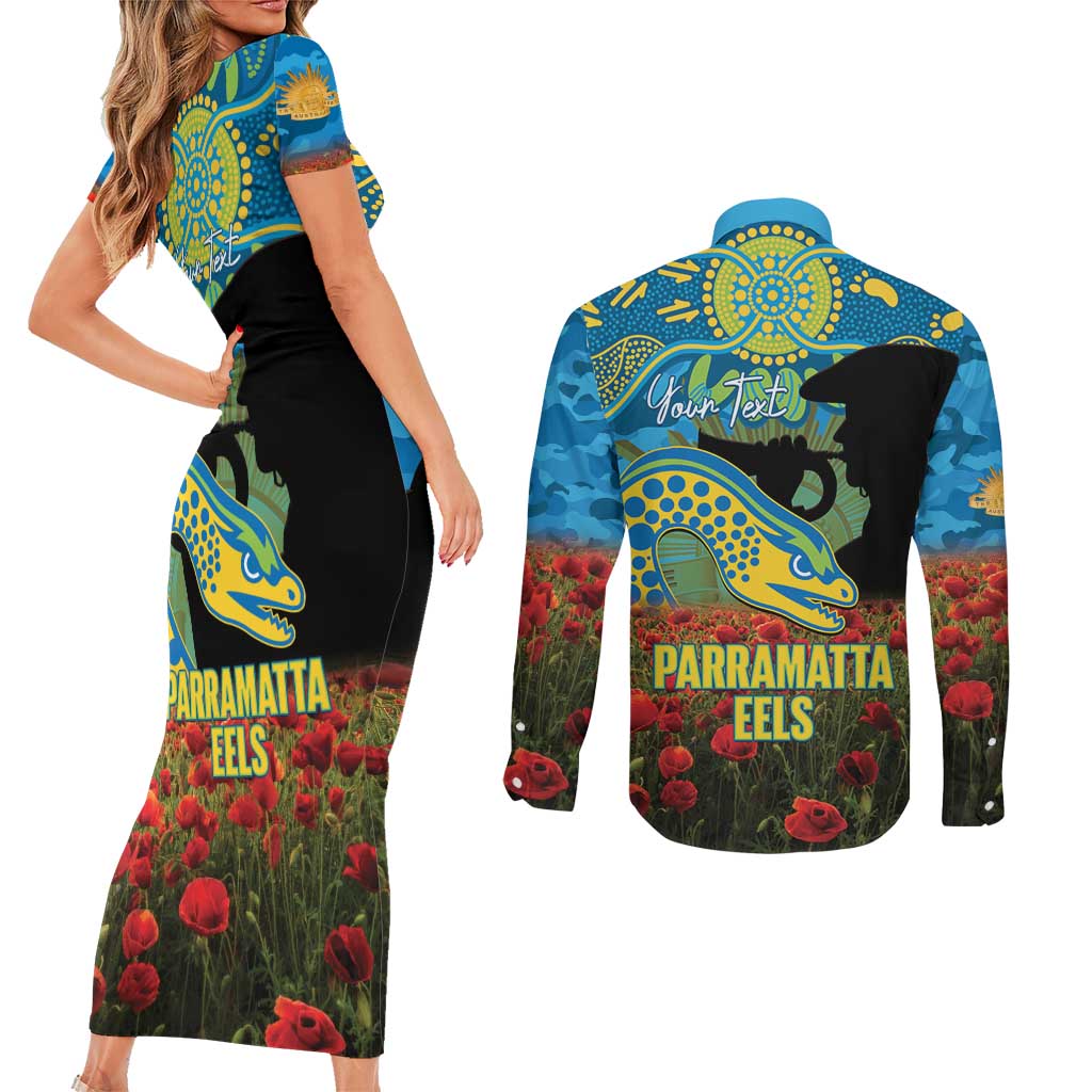 Personalised Parramatta Eels Rugby ANZAC Day Couples Matching Short Sleeve Bodycon Dress and Long Sleeve Button Shirt Last Post Poppy We Will Remember Them