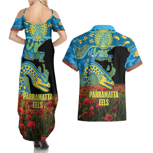 Personalised Parramatta Eels Rugby ANZAC Day Couples Matching Summer Maxi Dress and Hawaiian Shirt Last Post Poppy We Will Remember Them