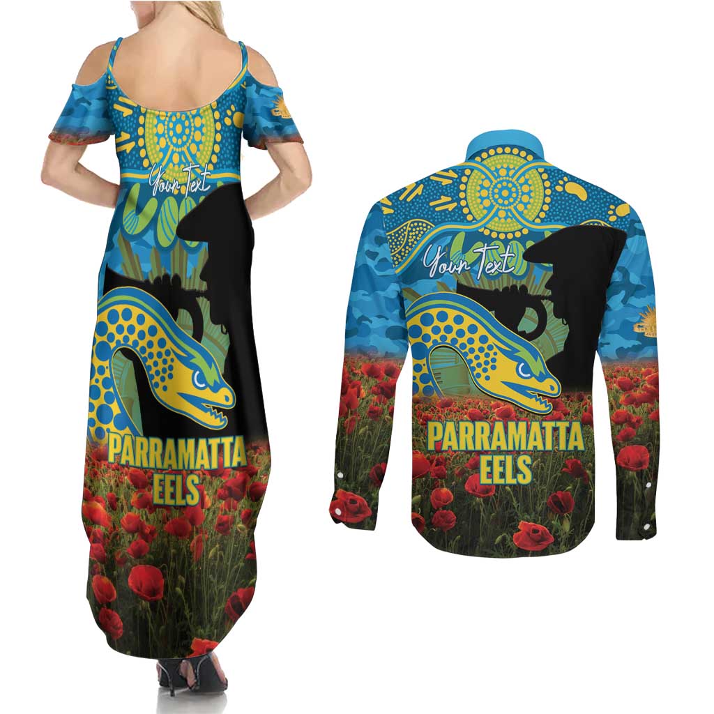 Personalised Parramatta Eels Rugby ANZAC Day Couples Matching Summer Maxi Dress and Long Sleeve Button Shirt Last Post Poppy We Will Remember Them