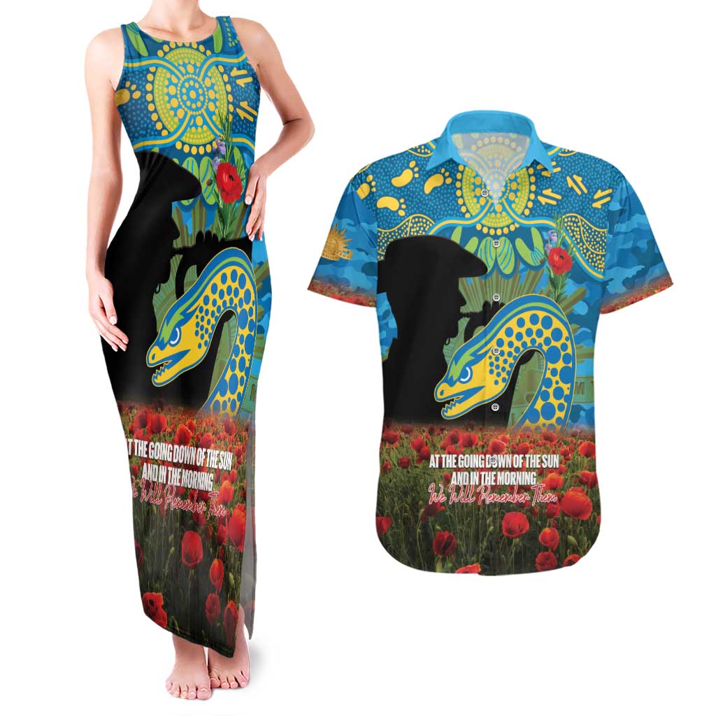 Personalised Parramatta Eels Rugby ANZAC Day Couples Matching Tank Maxi Dress and Hawaiian Shirt Last Post Poppy We Will Remember Them