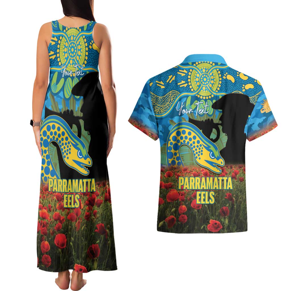 Personalised Parramatta Eels Rugby ANZAC Day Couples Matching Tank Maxi Dress and Hawaiian Shirt Last Post Poppy We Will Remember Them
