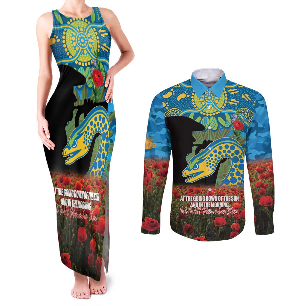 Personalised Parramatta Eels Rugby ANZAC Day Couples Matching Tank Maxi Dress and Long Sleeve Button Shirt Last Post Poppy We Will Remember Them