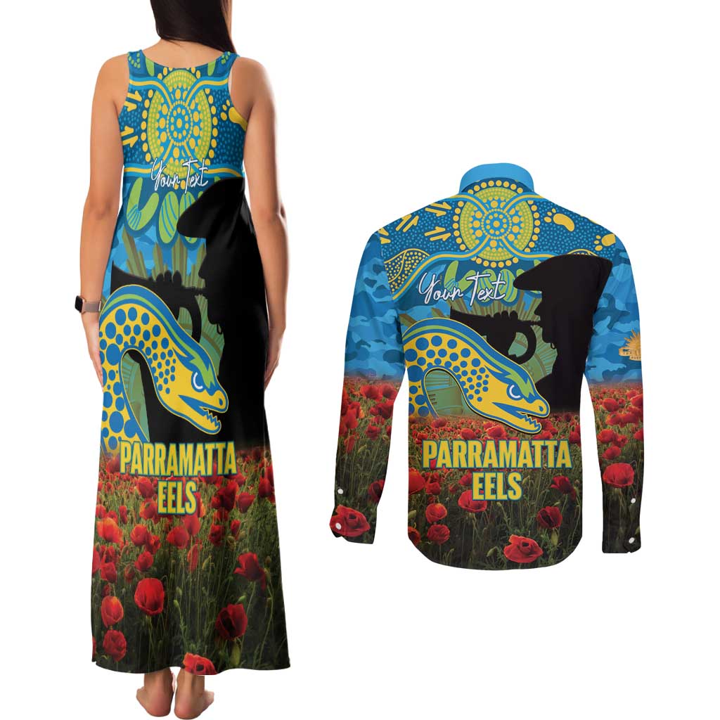 Personalised Parramatta Eels Rugby ANZAC Day Couples Matching Tank Maxi Dress and Long Sleeve Button Shirt Last Post Poppy We Will Remember Them