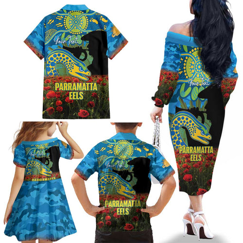 Personalised Parramatta Eels Rugby ANZAC Day Family Matching Off The Shoulder Long Sleeve Dress and Hawaiian Shirt Last Post Poppy We Will Remember Them