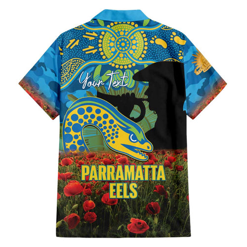 Personalised Parramatta Eels Rugby ANZAC Day Family Matching Off The Shoulder Long Sleeve Dress and Hawaiian Shirt Last Post Poppy We Will Remember Them