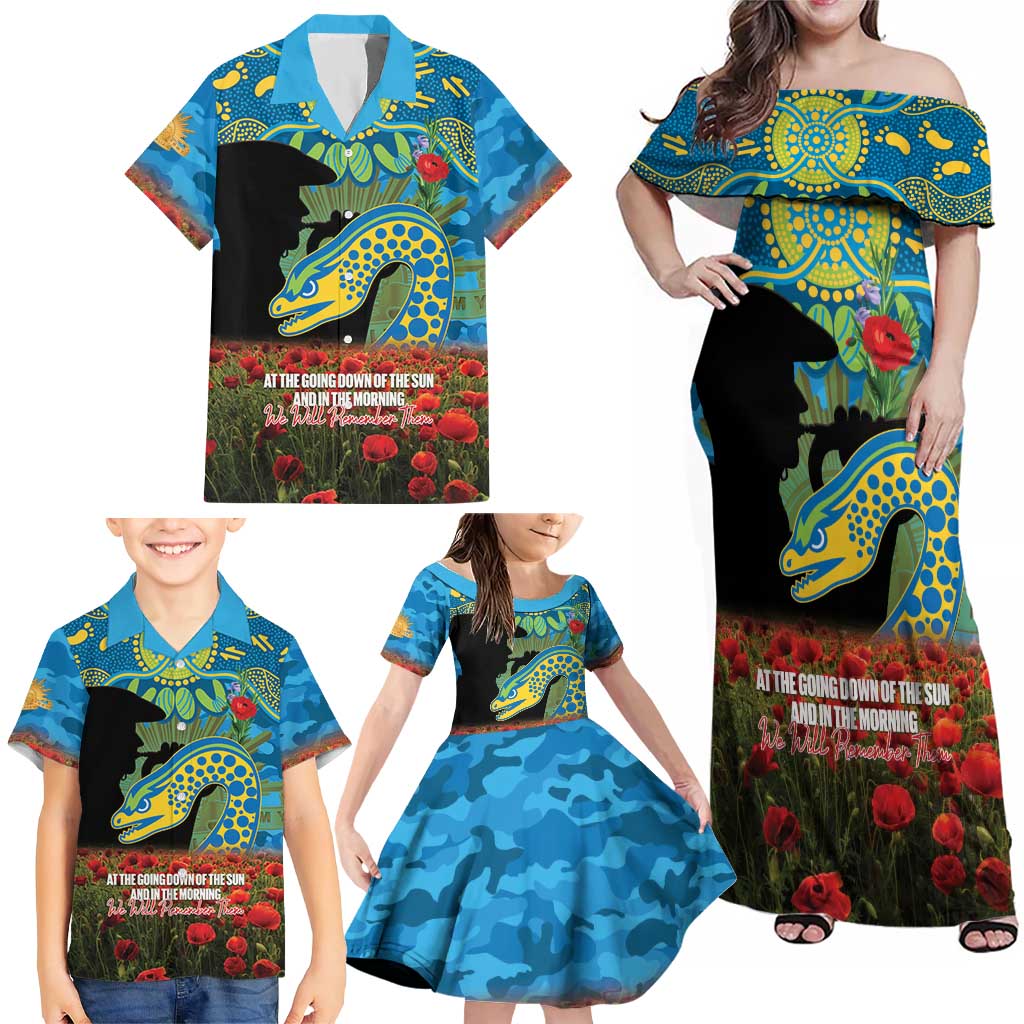 Personalised Parramatta Eels Rugby ANZAC Day Family Matching Off Shoulder Maxi Dress and Hawaiian Shirt Last Post Poppy We Will Remember Them