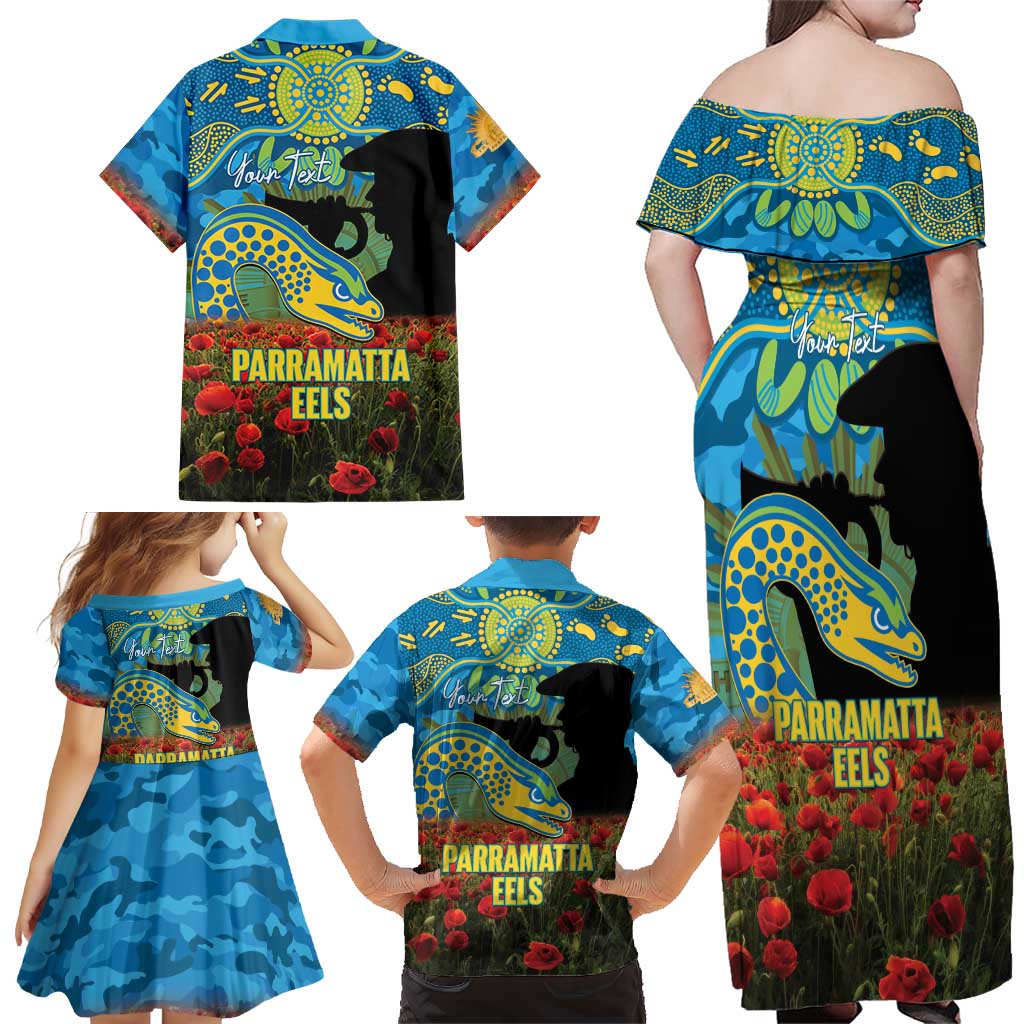 Personalised Parramatta Eels Rugby ANZAC Day Family Matching Off Shoulder Maxi Dress and Hawaiian Shirt Last Post Poppy We Will Remember Them
