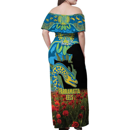 Personalised Parramatta Eels Rugby ANZAC Day Family Matching Off Shoulder Maxi Dress and Hawaiian Shirt Last Post Poppy We Will Remember Them