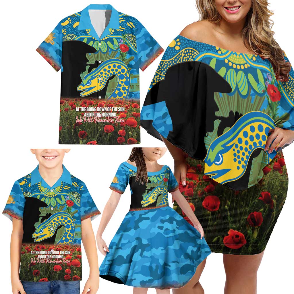 Personalised Parramatta Eels Rugby ANZAC Day Family Matching Off Shoulder Short Dress and Hawaiian Shirt Last Post Poppy We Will Remember Them