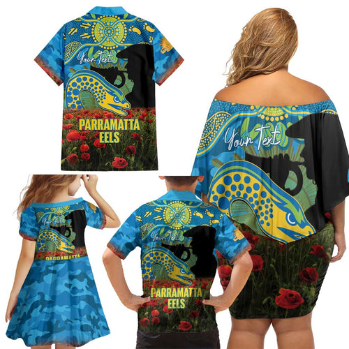 Personalised Parramatta Eels Rugby ANZAC Day Family Matching Off Shoulder Short Dress and Hawaiian Shirt Last Post Poppy We Will Remember Them