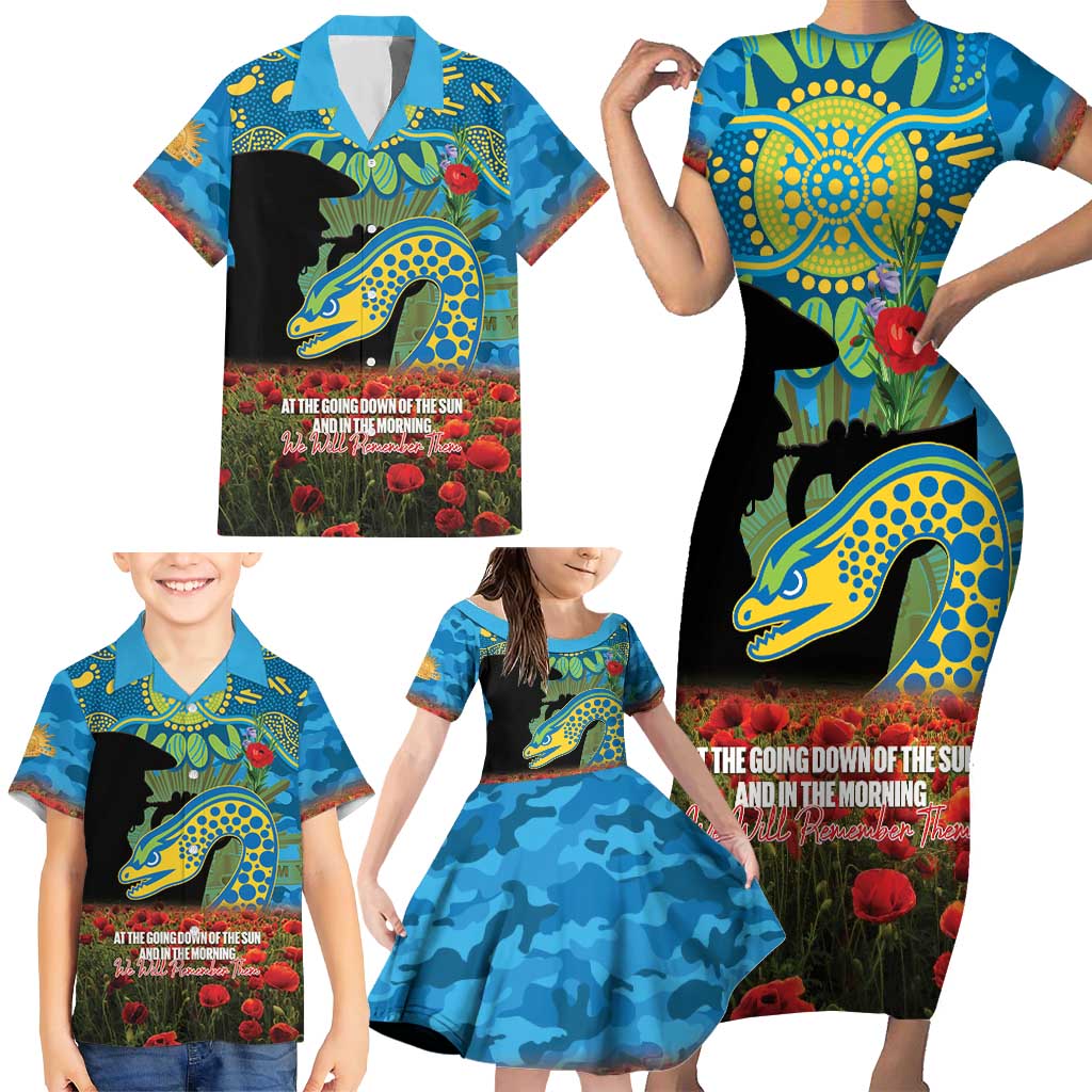 Personalised Parramatta Eels Rugby ANZAC Day Family Matching Short Sleeve Bodycon Dress and Hawaiian Shirt Last Post Poppy We Will Remember Them