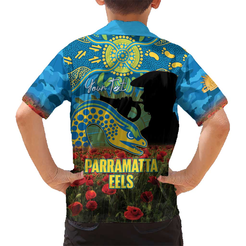 Personalised Parramatta Eels Rugby ANZAC Day Family Matching Short Sleeve Bodycon Dress and Hawaiian Shirt Last Post Poppy We Will Remember Them