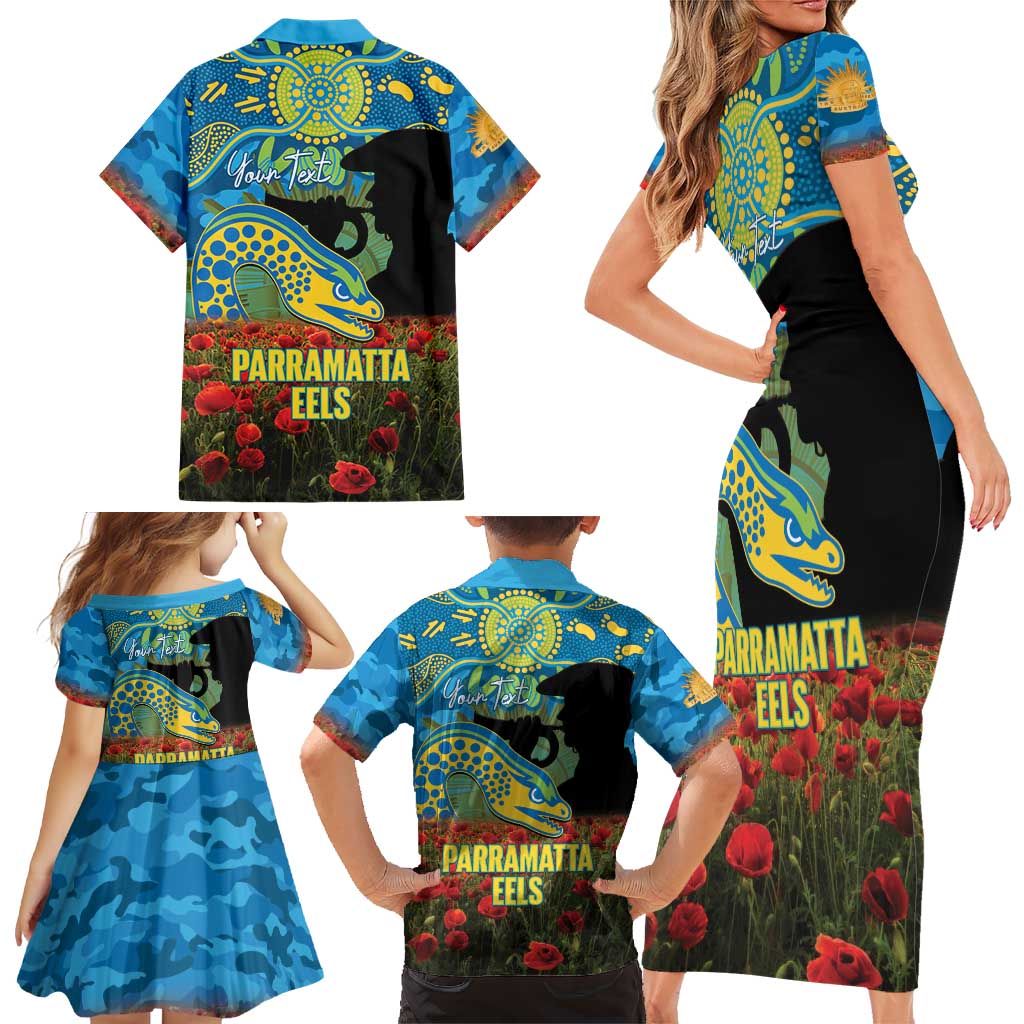 Personalised Parramatta Eels Rugby ANZAC Day Family Matching Short Sleeve Bodycon Dress and Hawaiian Shirt Last Post Poppy We Will Remember Them