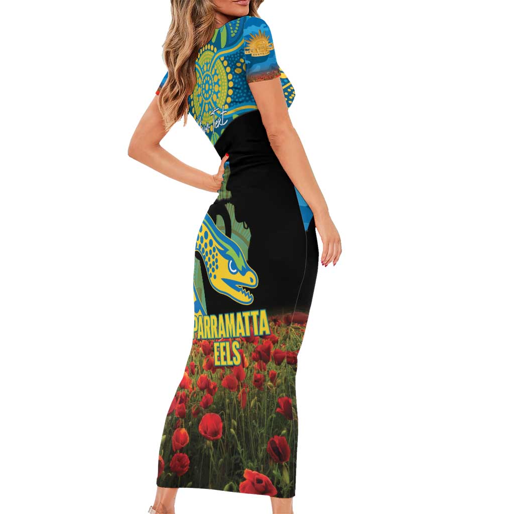 Personalised Parramatta Eels Rugby ANZAC Day Family Matching Short Sleeve Bodycon Dress and Hawaiian Shirt Last Post Poppy We Will Remember Them