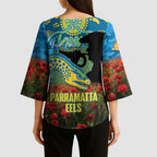 Personalised Parramatta Eels Rugby ANZAC Day Kimono Sleeve Blouse Last Post Poppy We Will Remember Them
