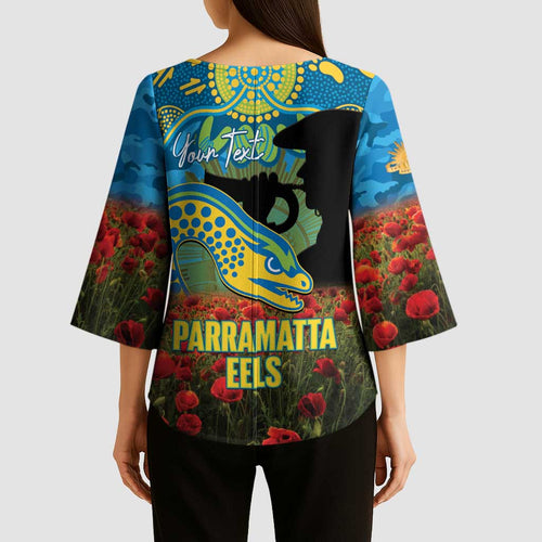 Personalised Parramatta Eels Rugby ANZAC Day Kimono Sleeve Blouse Last Post Poppy We Will Remember Them
