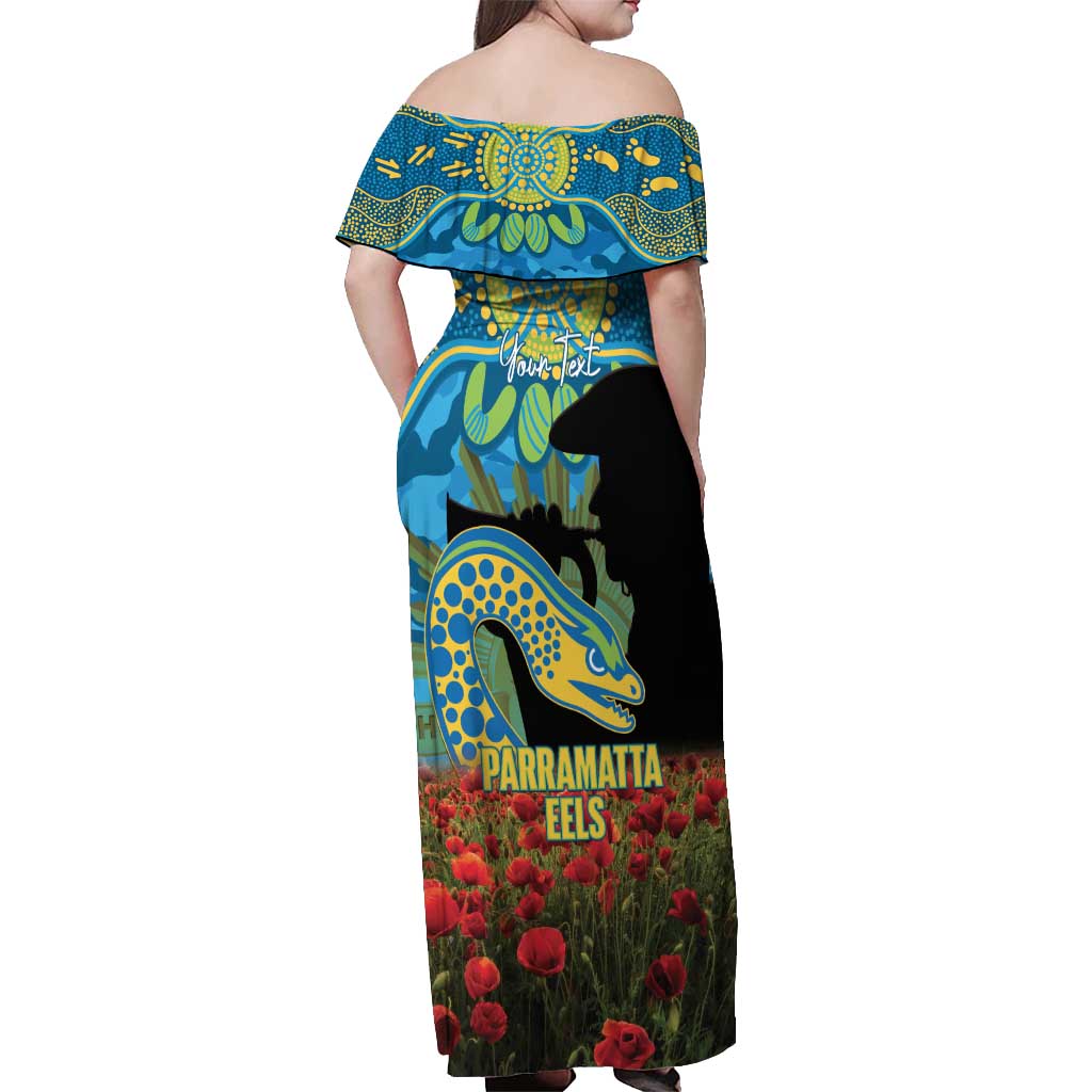 Personalised Parramatta Eels Rugby ANZAC Day Off Shoulder Maxi Dress Last Post Poppy We Will Remember Them